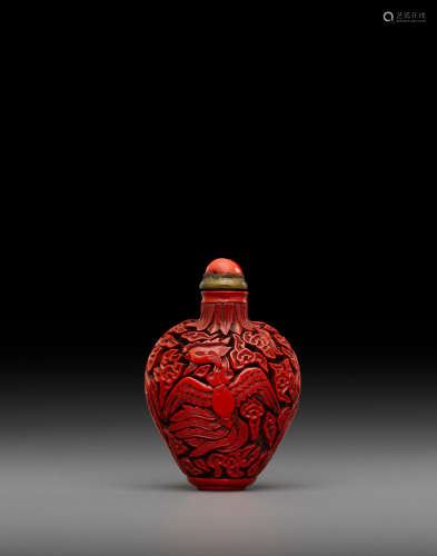Probably Imperial, 18th/19th century A cinnabar lacquer 'phoenix' snuff bottle