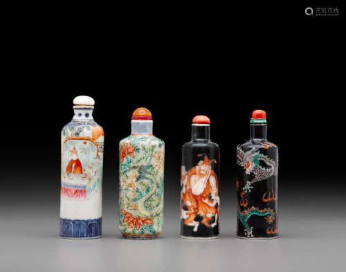19th century Four enameled porcelain snuff bottles