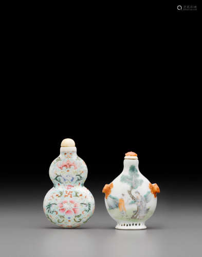Late 18th/19th century Two famille rose enameled porcelain snuff bottles