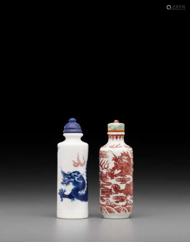 19th century Two porcelain 'dragon' snuff bottles