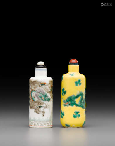 19th/early 20th century Two enameled porcelain 'dragon' snuff bottles