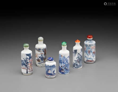 19th century Six copper-red and underglaze blue decorated porcelain snuff bottles