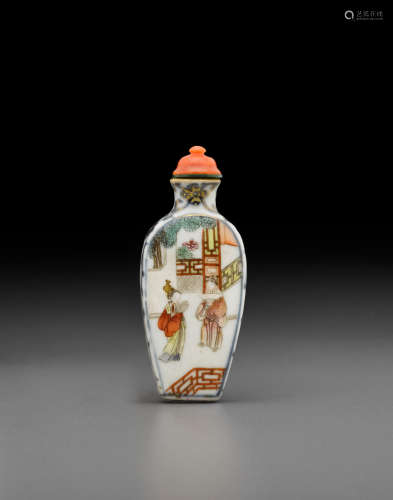 Imperial, Jiaqing mark and of the period, 1796-1820 An underglaze blue and famille rose enameled porcelain snuff bottle