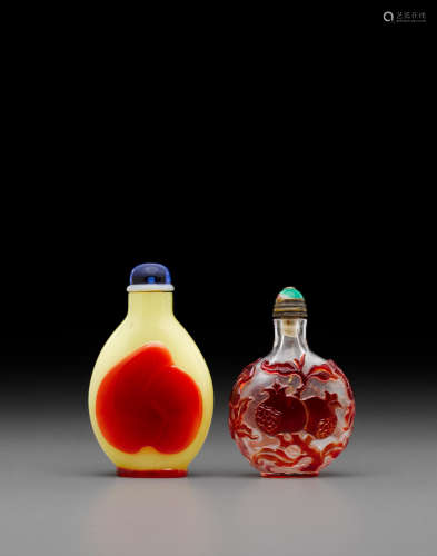 Late 18th/19th century two red overlay 'auspicious' glass snuff bottles