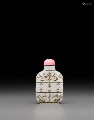 Bottle: 19th century, embellishment: 1960s A Mughal style silver-inlaid white jade snuff bottle
