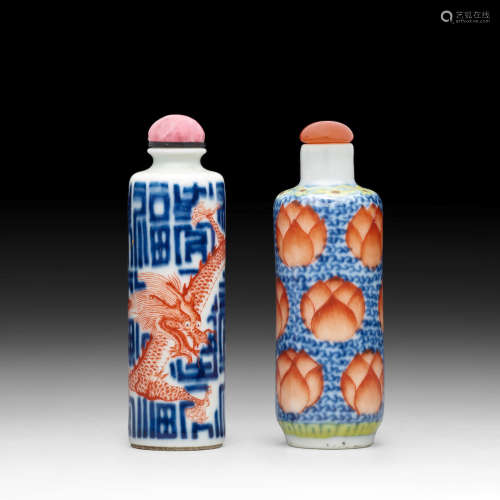 19th century TWO UNDERGLAZE BLUE AND IRON-RED PORCELAIN SNUFF BOTTLES