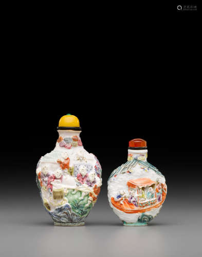 Jiaqing period, 1796-1820 Two molded and famille rose enameled porcelain 'figural' snuff bottle