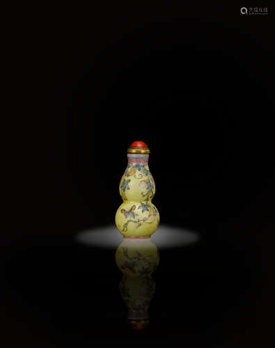 Imperial, Beijing Palace Workshops, Qianlong mark incised and painted in black to the base and of the period, 1736-1795 A very rare yellow ground and famille rose enameled miniature gourd-form glass snuff bottle