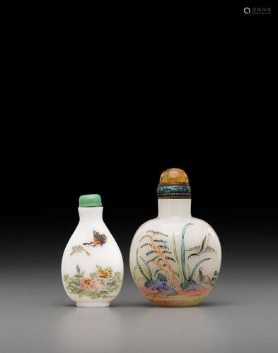 Republic period Two enameled white glass snuff bottles