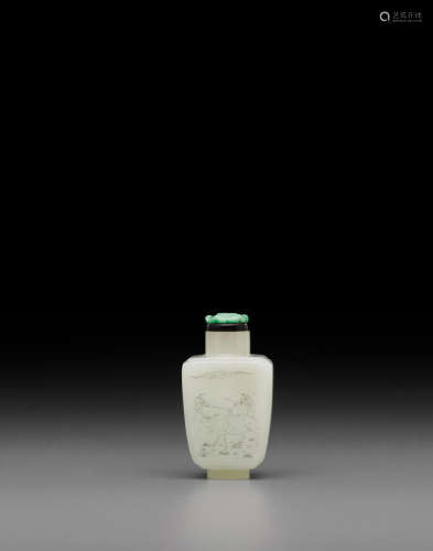 18th/19th century A white jade snuff bottle with diamond-point engraved and black ink-washed decoration