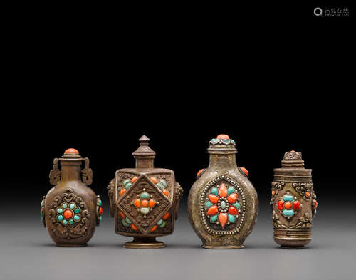 Mongolian or Mongolian style, 19th century Four silver snuff bottles