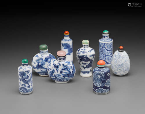 19th century Eight blue and white porcelain snuff bottles