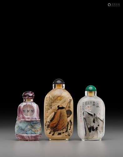 Wang Guanyu, Zhang Zenglou, and an unidentified artist Three inside-painted glass snuff bottles