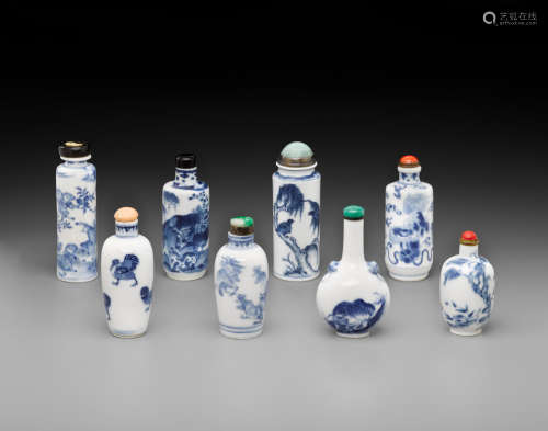 19th century and later Eight blue and white porcelain snuff bottles