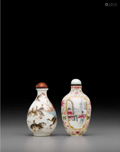 19th/early 20th century Two famille rose enameled porcelain snuff bottles