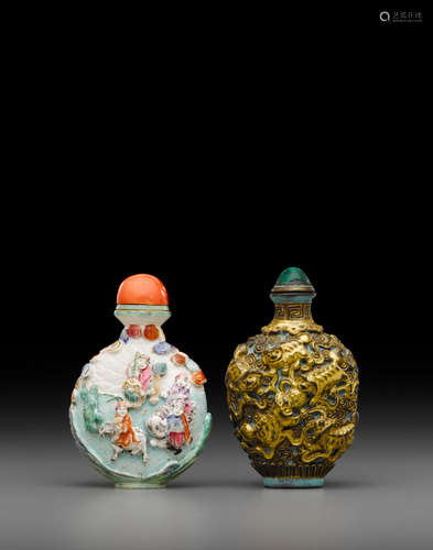 Qianlong marks, Late 18th/19th century Two molded and enameled porcelain snuff bottles