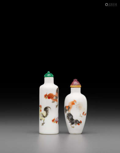 Daoguang, 1821-1850 Two enameled porcelain 'cockerel' snuff bottles
