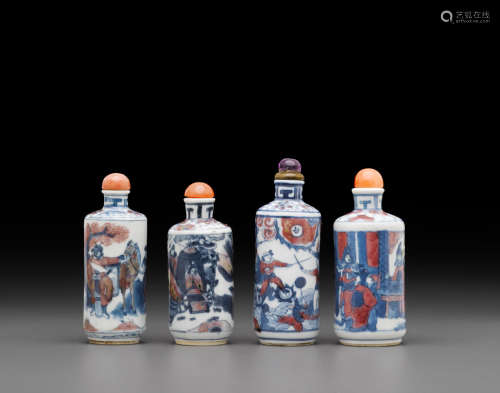 19th century Four copper-red and underglaze blue decorated porcelain snuff bottles