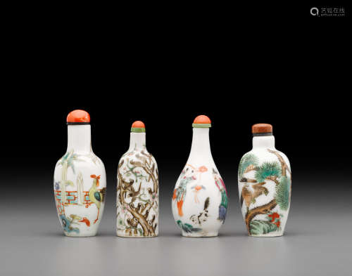 19th/early 20th century Four enameled porcelain snuff bottles