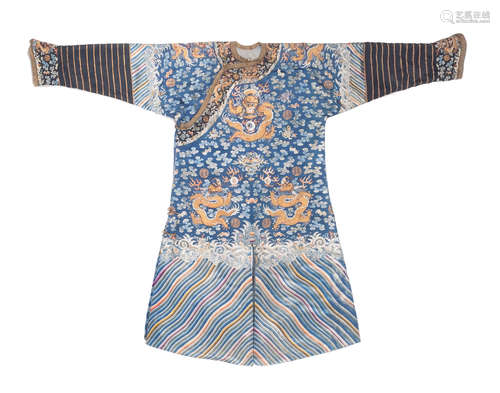 19th century An embroidered blue silk ground dragon robe