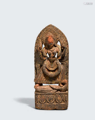 Nepal, circa 17th century A polychromed wood stele of Saraswati