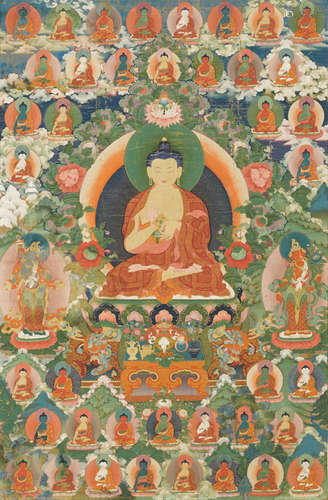 17th/18th century A Sino-Tibetan Thangka of the Sakyamuni Buddha Turning the Wheel of the Law