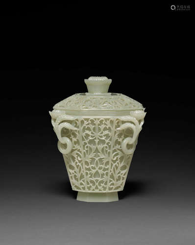 20th century A Mughal-style jade covered vase with four handles