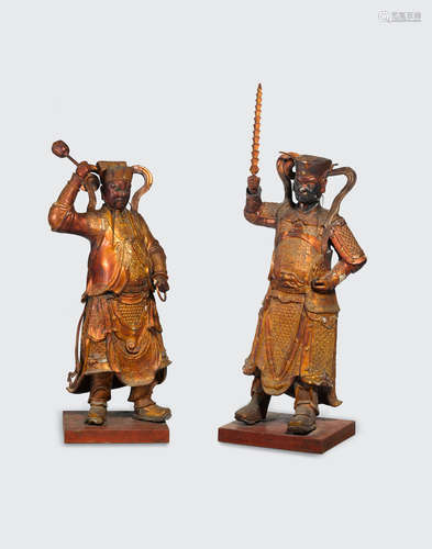 Ming/Qing dynasty A pair of large gilt lacquered wood deities