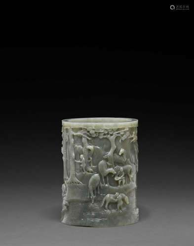 Republic period A gray-green jade cylindrical brush pot