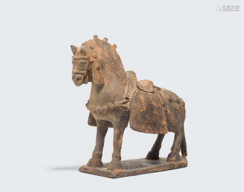 Northern Wei dynasty AN ELABORATELY CAPARISONED GRAY POTTERY HORSE