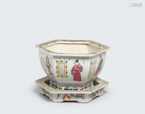 19th century A 'wu shuang pu' hexagonal planter and underdish