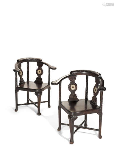 19th Century A rare pair of jade-mounted zitan corner chairs