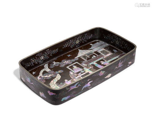 20th century A black lacquer tray with mother-of-pearl inlay