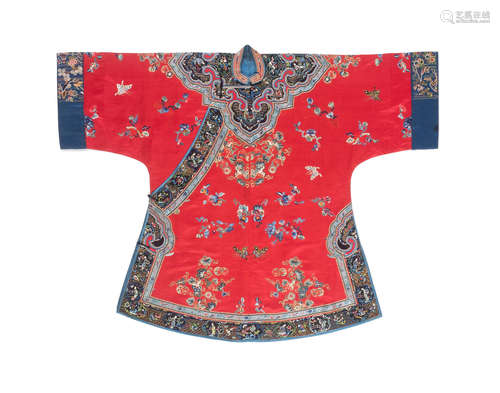 Late Qing/Republic period A woman's embroidered red satin informal coat, ao