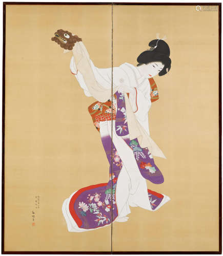 Geisha Performing the Lion Dance Nihonga School (Mid-20th century)