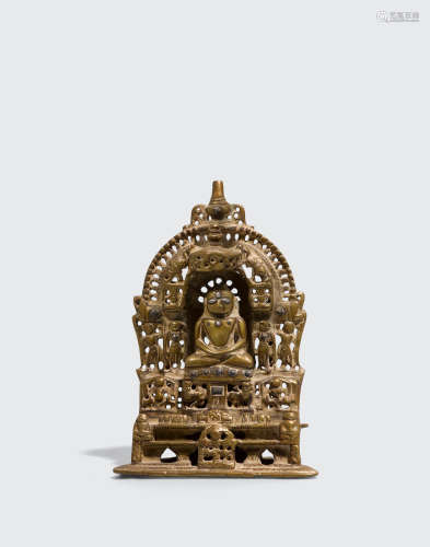 India, ca 15th century A silver inlaid metal alloy Jain shrine to a Tirthankara