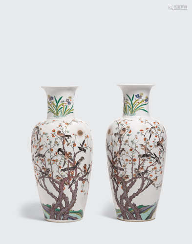 Kangxi mark, late Qing/Republic period A pair of polychrome and gilt enameled baluster vases