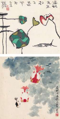 张桂铭（1939～2014）  邱受成（1929～） 鱼塘荷花图 金鱼图 （二帧） 镜片 设色纸本