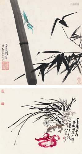 胡若思（1916～2004）  王个簃（1896～1988） 竹子螳螂图 芝兰并茂图 （二帧） 镜片 设色纸本