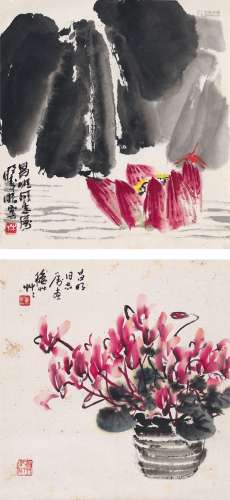 林曦明（1925～）  陈秋草（1906～1988） 荷花蜻蜓图 盆花图 （二帧） 镜片 设色纸本