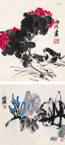 来楚生（1903～1975）  朱屺瞻（1892～1996） 蛙戏图 牵牛花 （二帧） 镜片 设色纸本