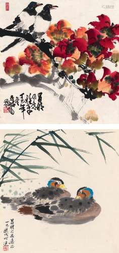 邱受成（1929～）  陈子毅（1919～） 1977年作 花鸟 （二帧） 镜片 设色纸本