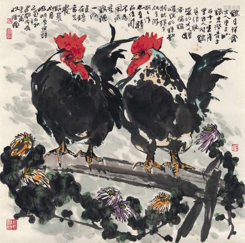 徐昌酩（1929～2018） 2005年作 东篱双雄图 镜片 设色纸本