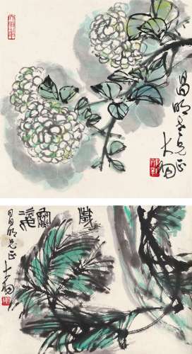 陈大羽（1912～2001） 绣球花 岁寒图 （二帧） 镜片 设色纸本