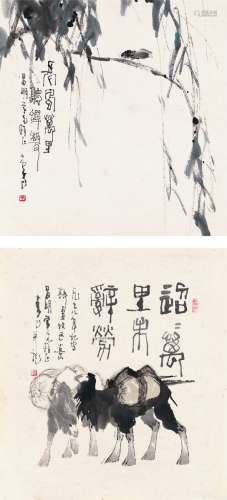 李山（1926～） 听蝉图 牧区小景图 （二帧） 镜片 设色纸本