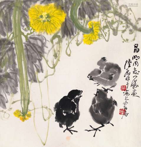 陆抑非（1908～1997） 瓜棚禽趣图 镜片 设色纸本