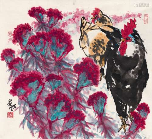 徐昌酩（1929～2018） 雄鸡花卉图 镜片 设色纸本
