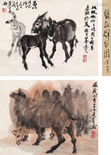 黄胄（1925～1997） 骆驼图 群驴图 （一轴双挖） 立轴 设色纸本 水墨纸本