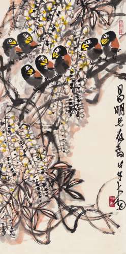 陈大羽（1912～2001） 1978年作 紫藤小鸟图 镜片 设色纸本