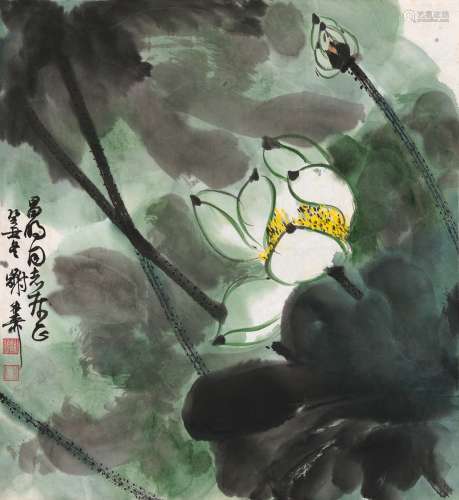 谢稚柳（1910～1997） 1973年作 碧色荷风图 镜片 设色纸本